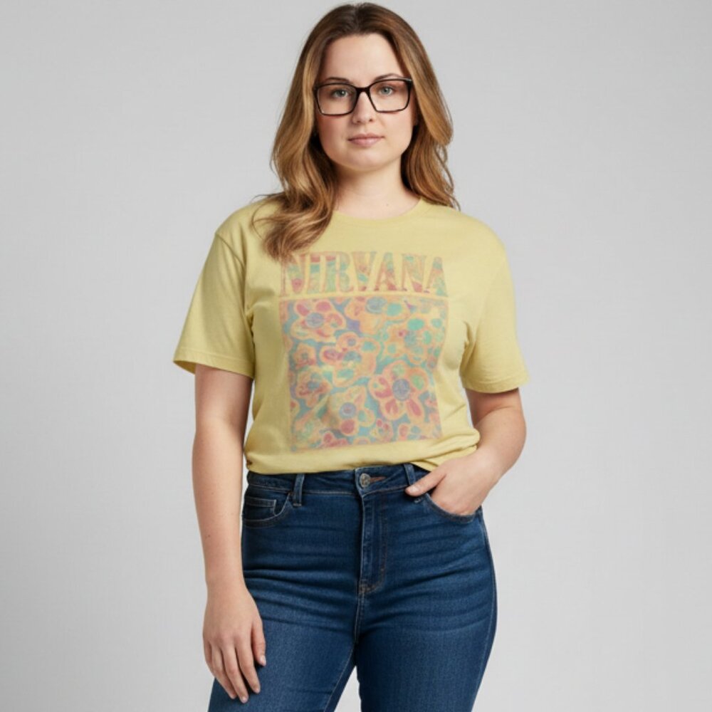 Nirvana Floral Smiley Face Short Sleeve Crewneck Graphic Band Tee